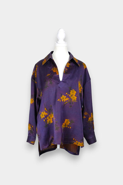 Handmade Gambiered Guangdong Gauze Silk Oversized Top | Floral Print