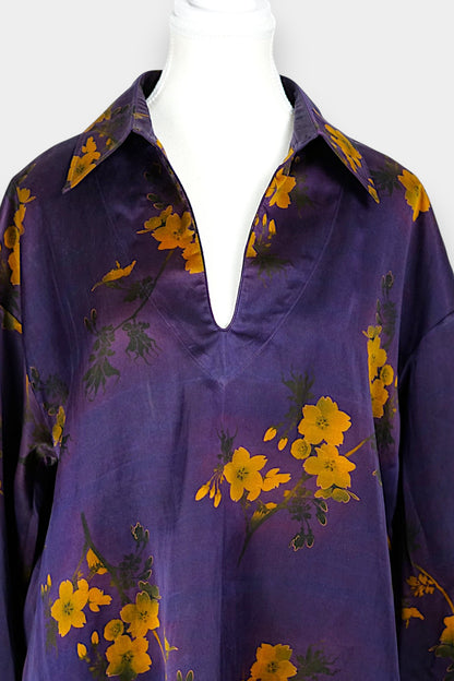 Handmade Gambiered Guangdong Gauze Silk Oversized Top | Floral Print