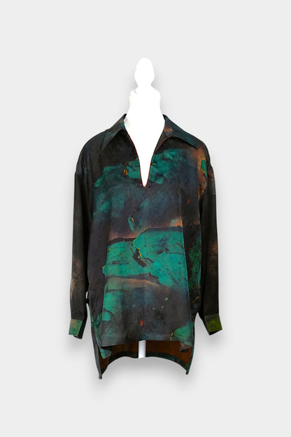 Handmade Gambiered Guangdong Gauze Silk Top | Abstract Print