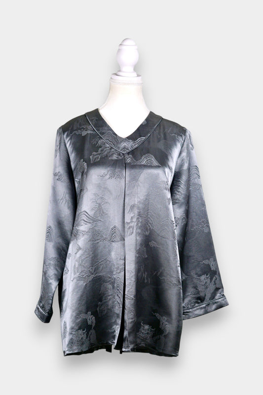 Jacquard Silk Satin Blouse in Charcoal Grey