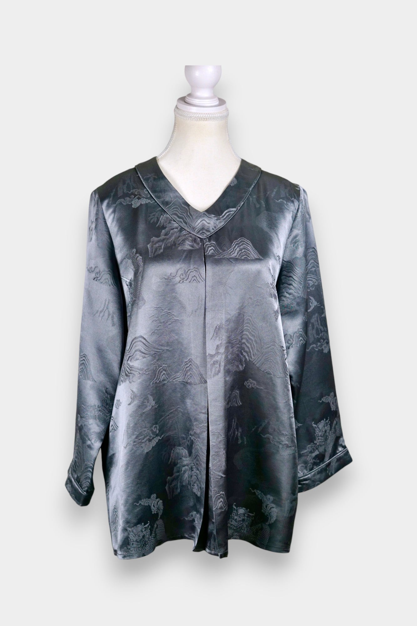 Jacquard Silk Satin Blouse in Charcoal Grey