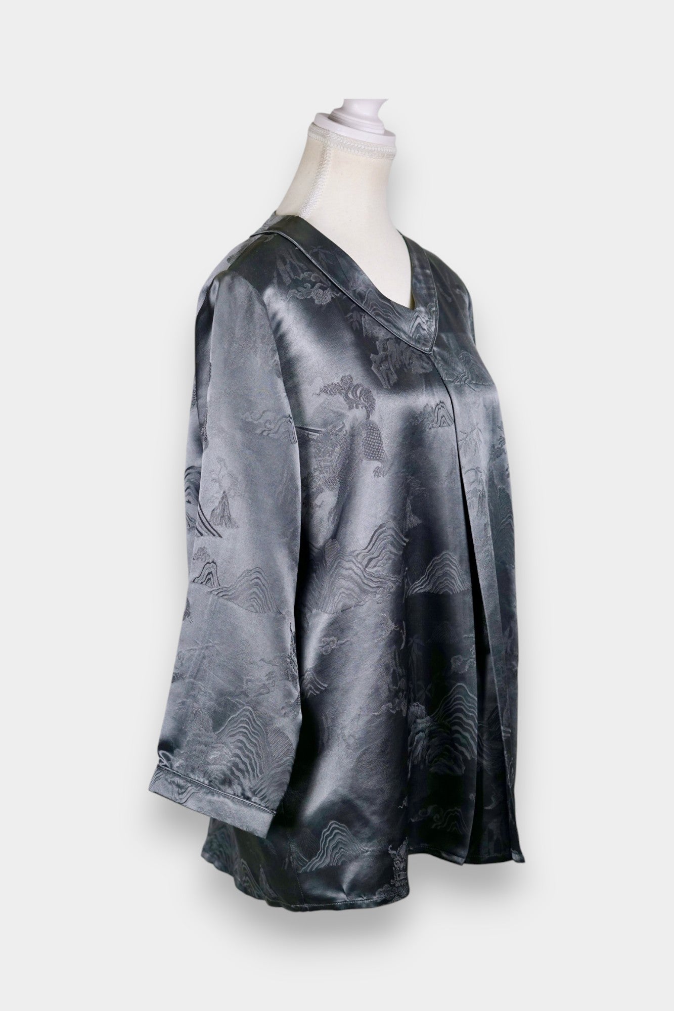 Jacquard Silk Satin Blouse in Charcoal Grey