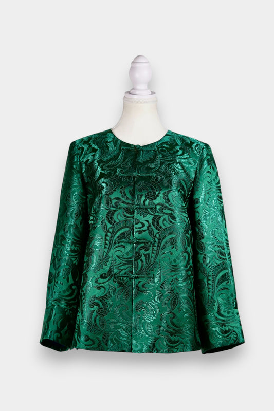 Handcrafted Emerald Brocade Silk Jacket | Artisanal Outerwear with Knot Buttons
