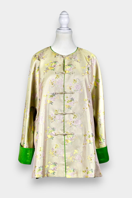 Handcrafted Floral Song Brocade Jacket | Chinese New-Style Silk Outerwear with Green Cuffs