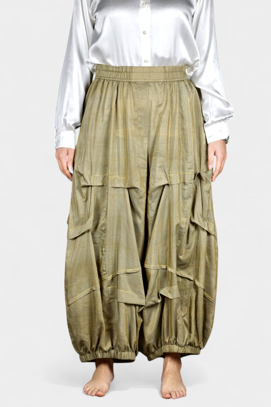 Khaki Green Tussah Silk Balloon Pants | Lightweight & Breathable
