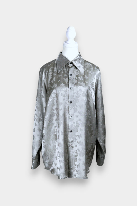 Handcrafted Mulberry Silk Shirt | Silver Floral Jacquard