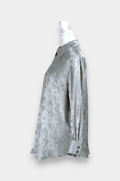Handcrafted Mulberry Silk Shirt | Silver Floral Jacquard