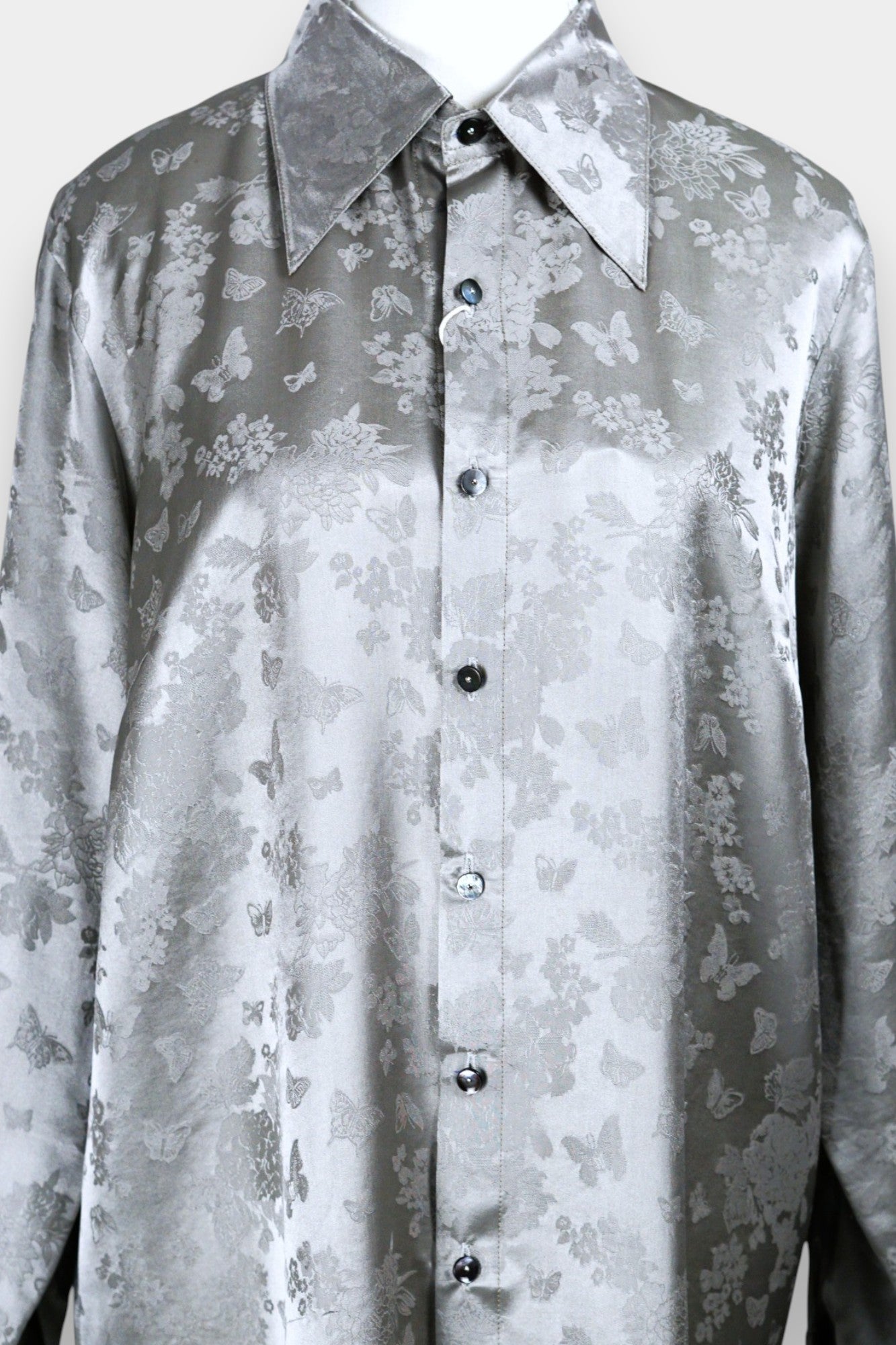 Handcrafted Mulberry Silk Shirt | Silver Floral Jacquard