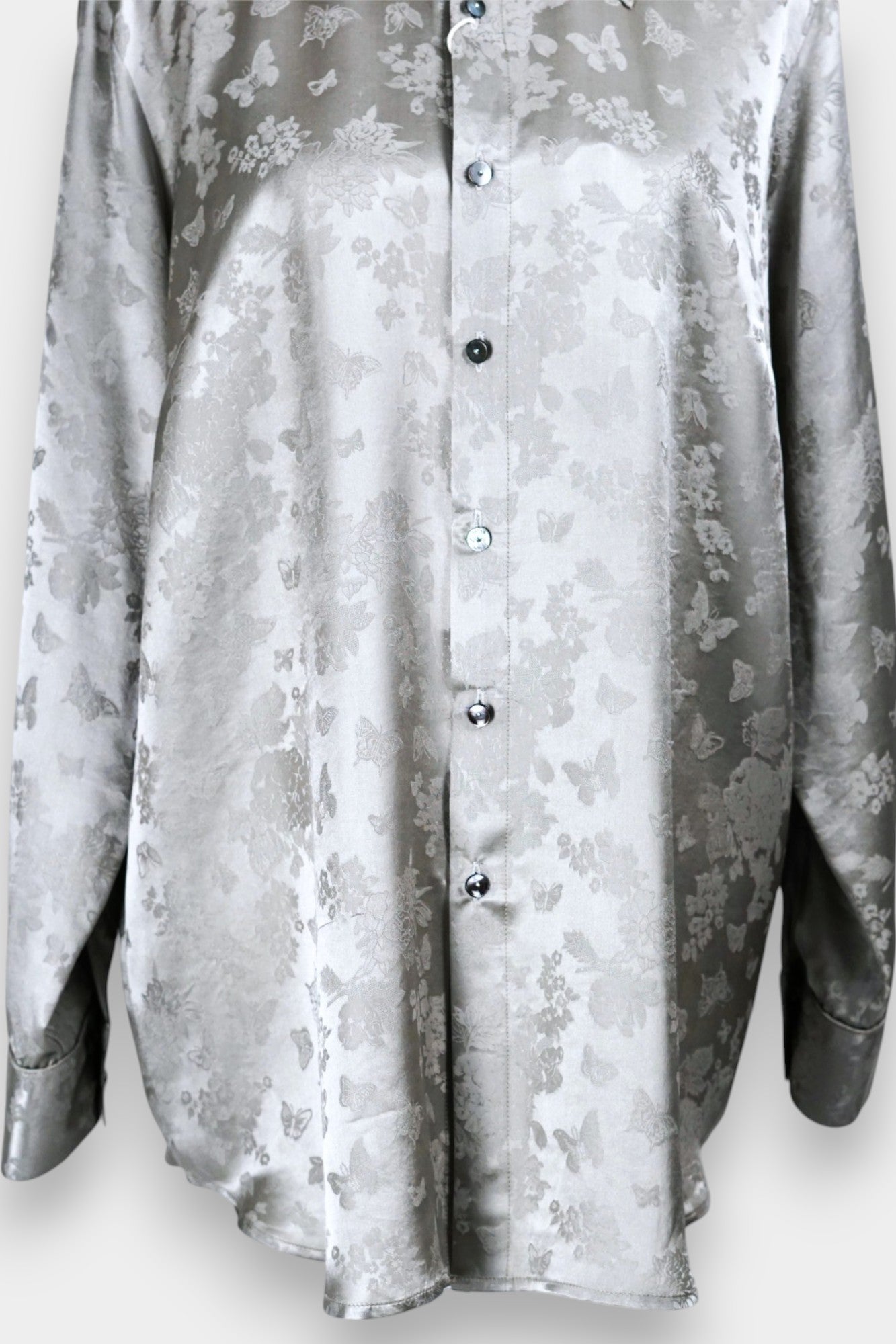 Handcrafted Mulberry Silk Shirt | Silver Floral Jacquard