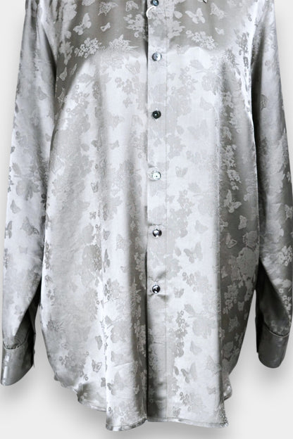 Handcrafted Mulberry Silk Shirt | Silver Floral Jacquard
