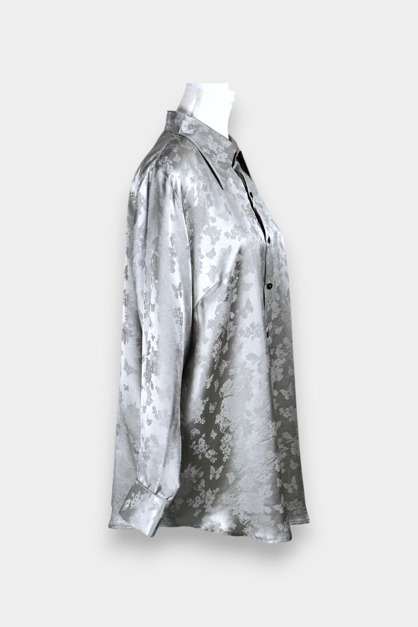 Handcrafted Mulberry Silk Shirt | Silver Floral Jacquard