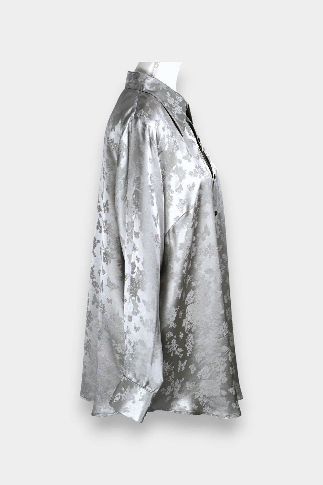 Handcrafted Mulberry Silk Shirt | Silver Floral Jacquard