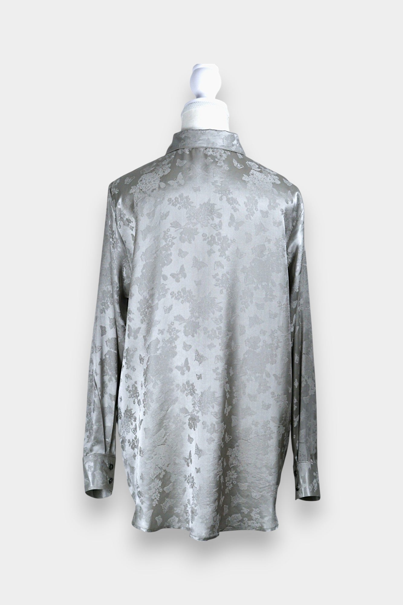 Handcrafted Mulberry Silk Shirt | Silver Floral Jacquard
