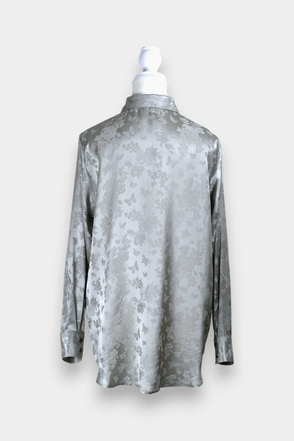 Handcrafted Mulberry Silk Shirt | Silver Floral Jacquard