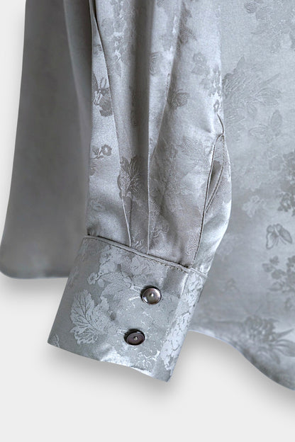 Handcrafted Mulberry Silk Shirt | Silver Floral Jacquard