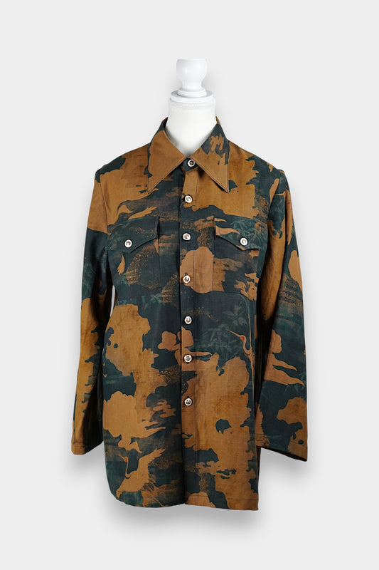 Gambiered Guangdong Gauze Silk Shirt | Abstract Emerald Print