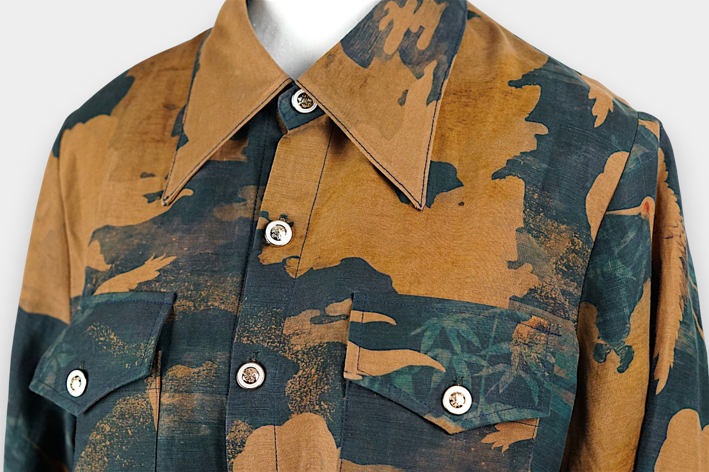 Gambiered Guangdong Gauze Silk Shirt | Abstract Emerald Print