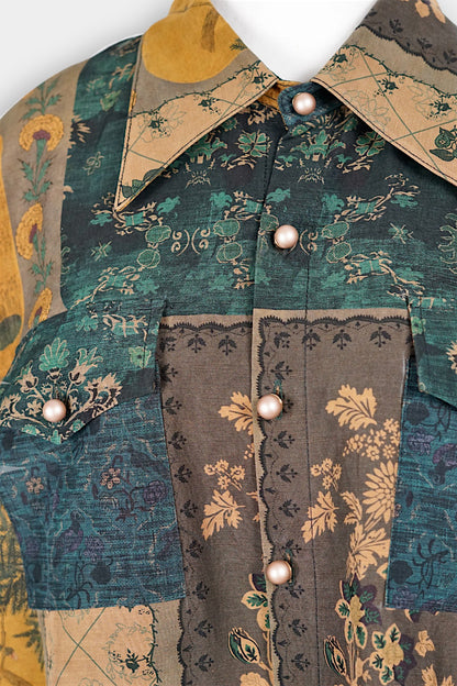 Gambiered Guangdong Gauze Silk Patchwork Shirt