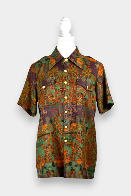 Gambiered Guangdong Gauze Silk Short Sleeve Button-Up Blouse
