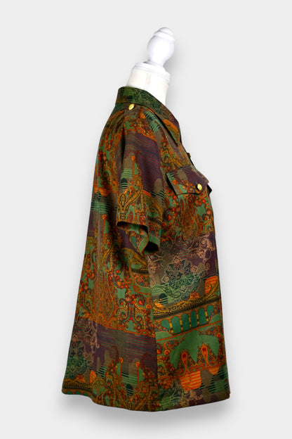 Gambiered Guangdong Gauze Silk Short Sleeve Button-Up Blouse