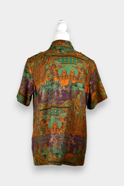 Gambiered Guangdong Gauze Silk Short Sleeve Button-Up Blouse