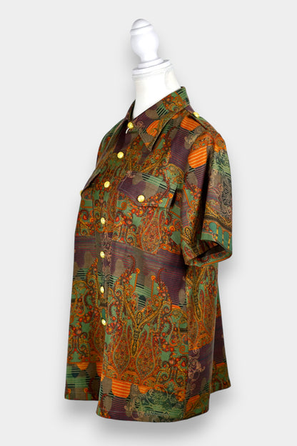 Gambiered Guangdong Gauze Silk Short Sleeve Button-Up Blouse