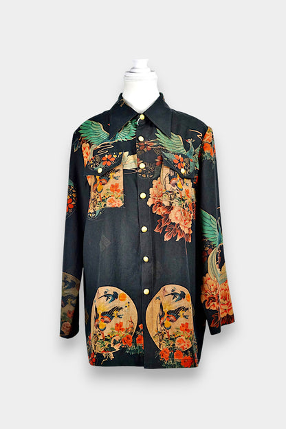 Gambiered Guangdong Gauze Silk Longline Button-Up Shirt
