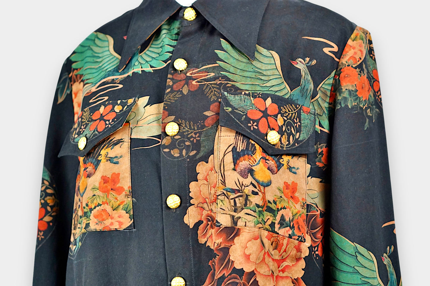 Printed Gambiered Guangdong Gauze Shirt | Dragon & Phoenix Print