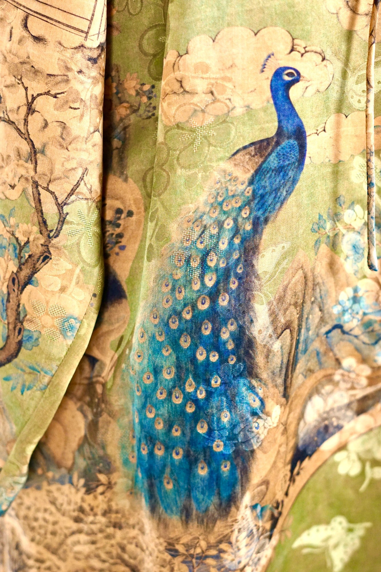 Gambiered Guangdong Gauze Silk Dress | Peacock Garden Print