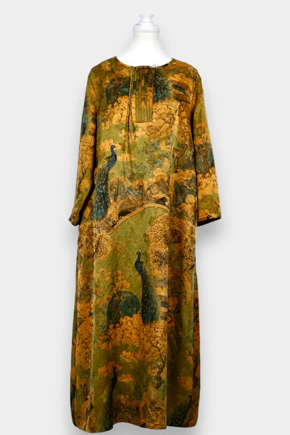 Gambiered Guangdong Gauze Silk Peacock Landscape Long Dress