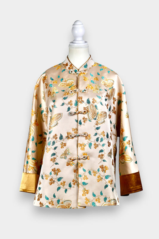 Handcrafted Floral Song Dynasty Brocade Silk Jacket | Artisanal Outerwear with Knot Buttons