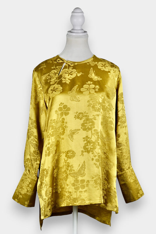 Handmade Mulberry Silk Jacquard Top | Long Sleeve Blouse with Knot Buttons