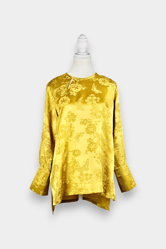 Handmade Mulberry Silk Jacquard Top | Long Sleeve Blouse with Knot Buttons