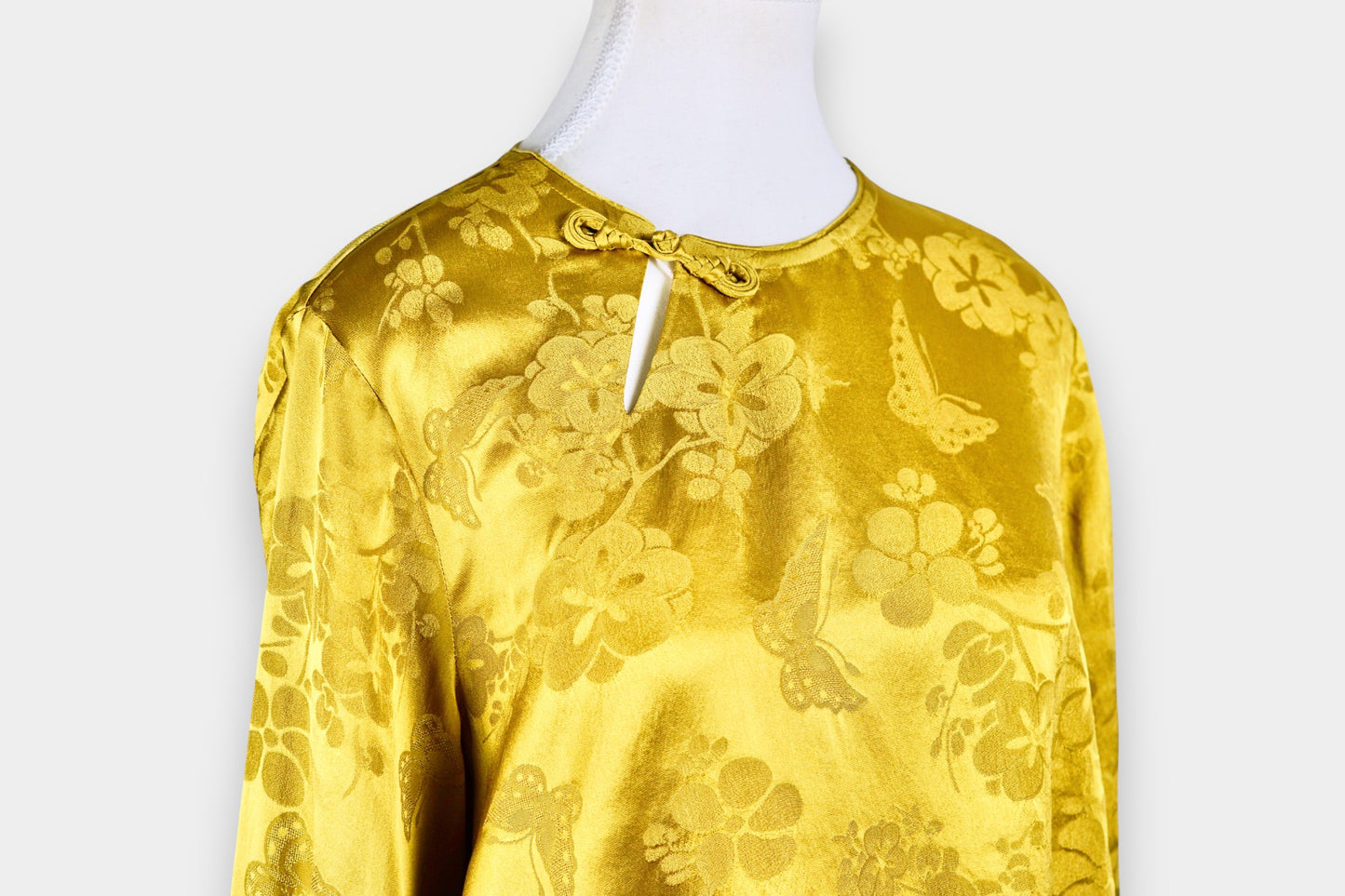 Handmade Mulberry Silk Jacquard Top | Long Sleeve Blouse with Knot Buttons