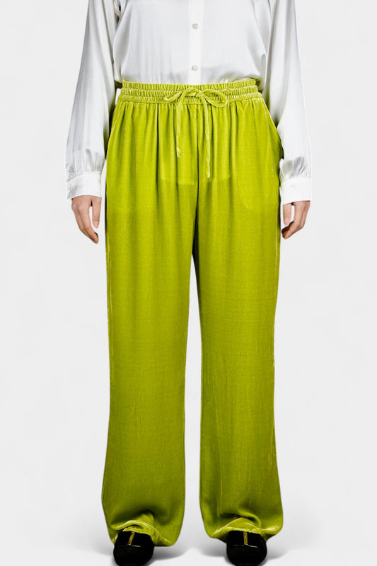 Velvet Wide-Leg Casual Pants | Lime Green Trousers