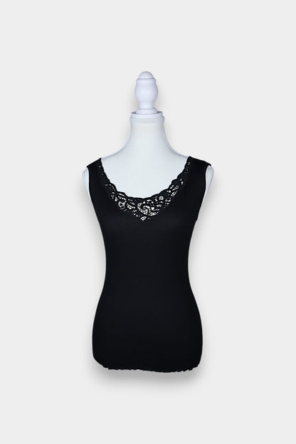 Mulberry Silk & Cotton Blend Ribbed Tank Top with Lace