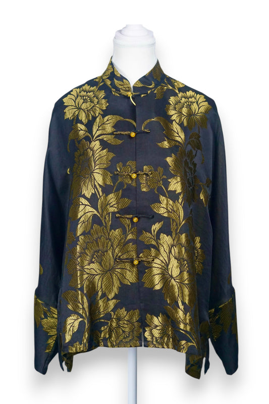 Gold & Black Song Dynasty Brocade Silk Blouse | Mandarin Collar Jacket