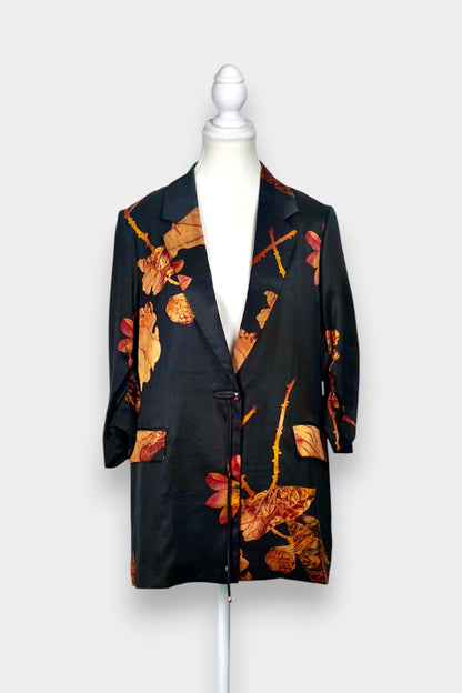 Gambiered Guangdong Gauze Silk Blazer | Earthy Leaf Print