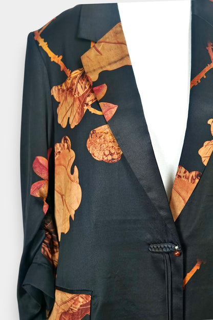 Gambiered Guangdong Gauze Silk Blazer | Earthy Leaf Print