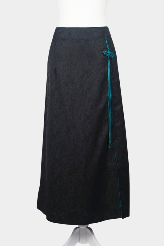 Mulberry Silk Maxi Skirt | Floral Jacquard with Green Knot