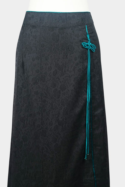 Mulberry Silk Maxi Skirt | Floral Jacquard with Green Knot