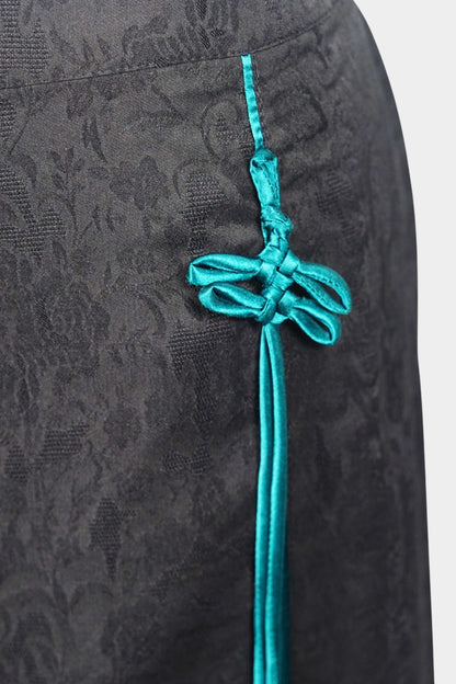 Mulberry Silk Maxi Skirt | Floral Jacquard with Green Knot