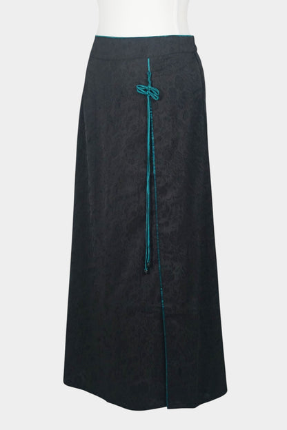 Mulberry Silk Maxi Skirt | Floral Jacquard with Green Knot