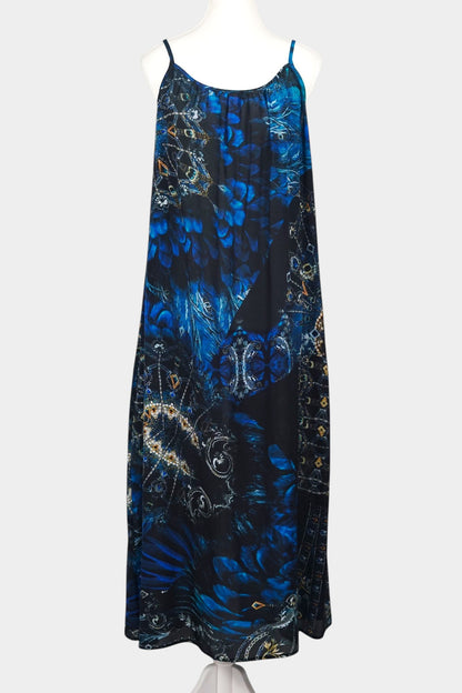 Handmade Mulberry Silk Maxi Dress | Blue Feather & Paisley Print