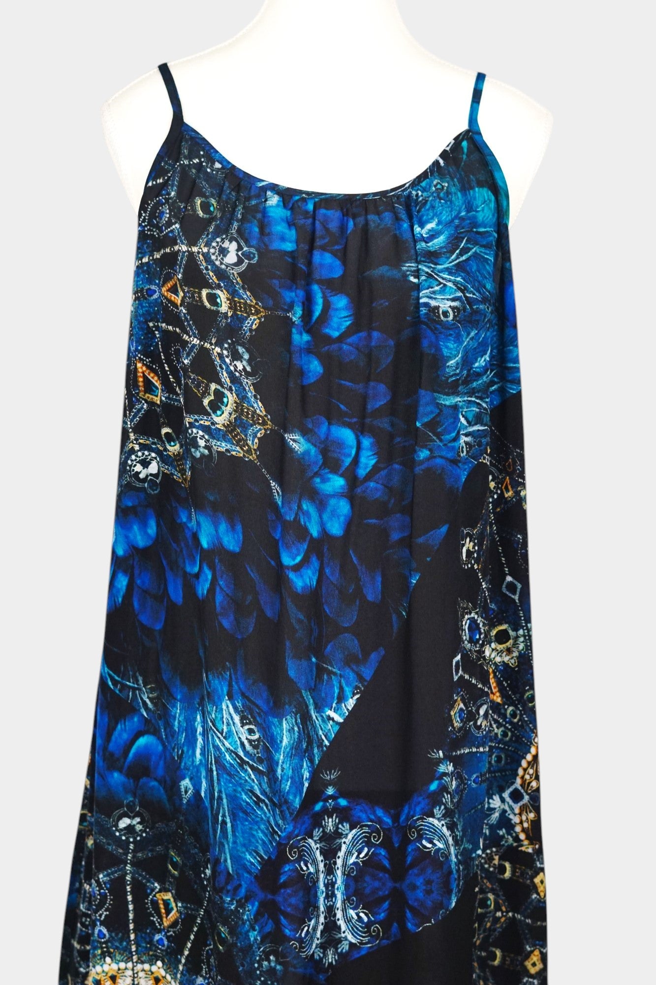 Handmade Mulberry Silk Maxi Dress | Blue Feather & Paisley Print