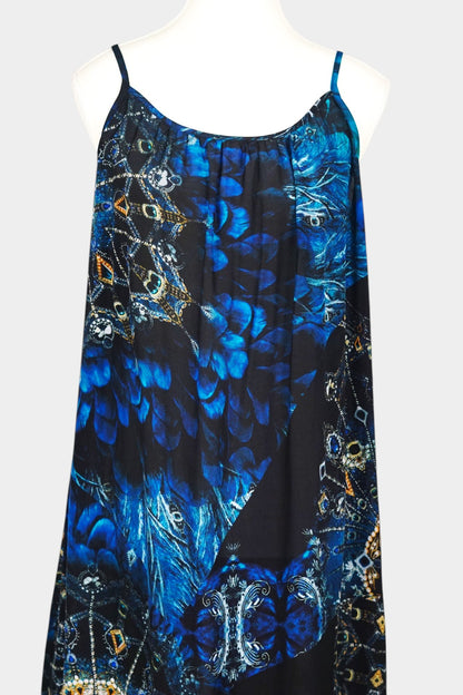 Handmade Mulberry Silk Maxi Dress | Blue Feather & Paisley Print