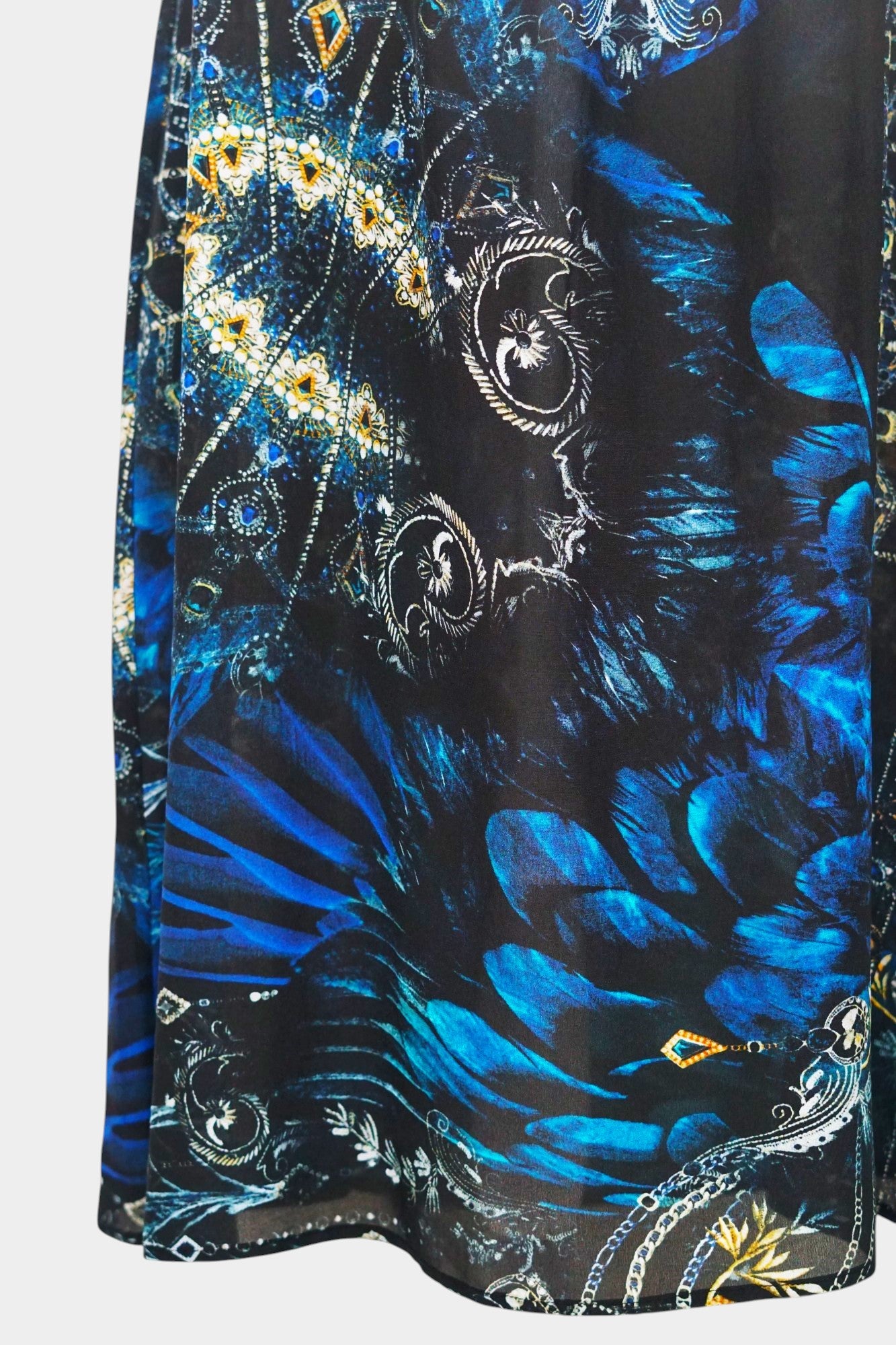 Handmade Mulberry Silk Maxi Dress | Blue Feather & Paisley Print