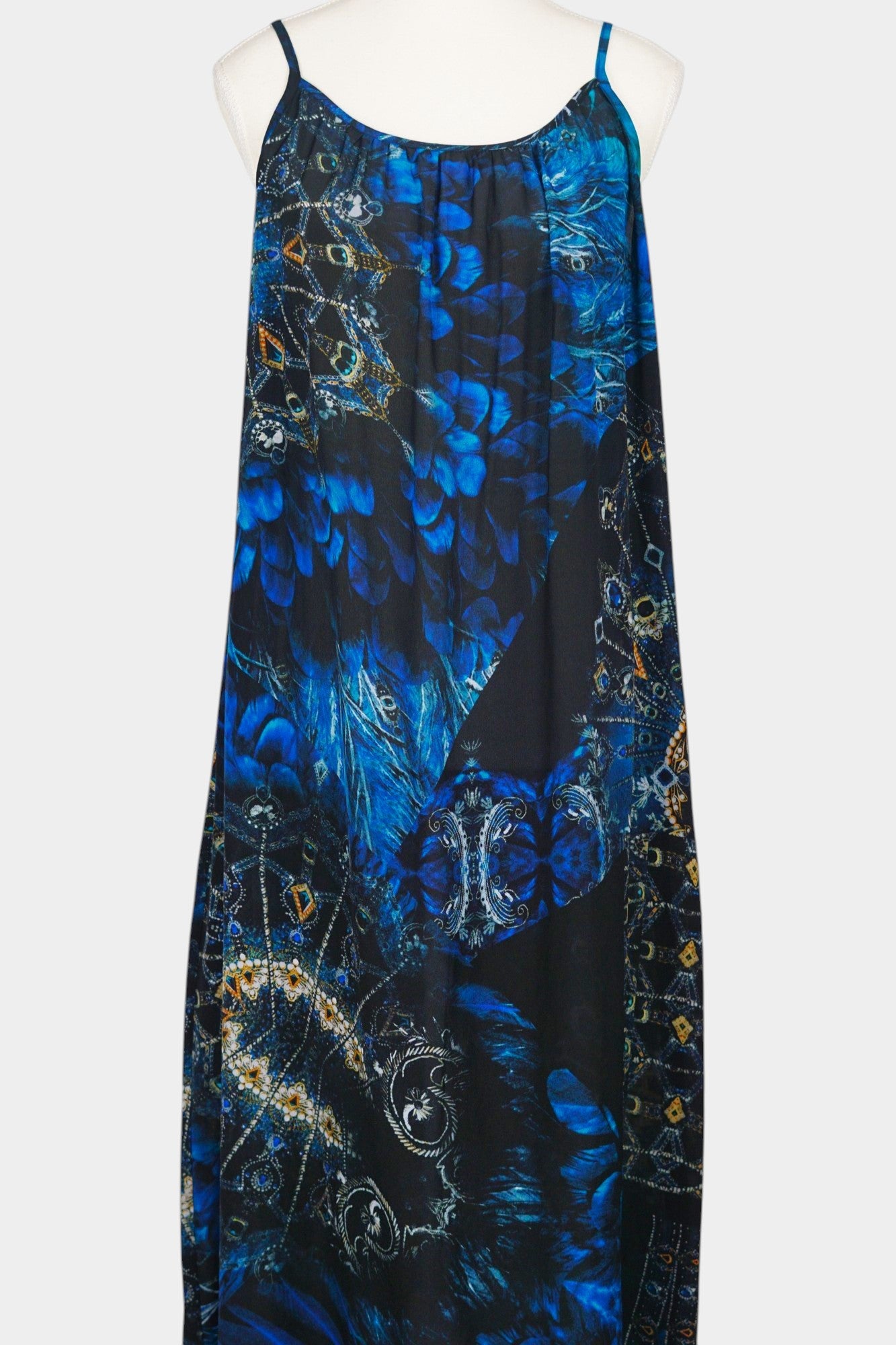 Handmade Mulberry Silk Maxi Dress | Blue Feather & Paisley Print