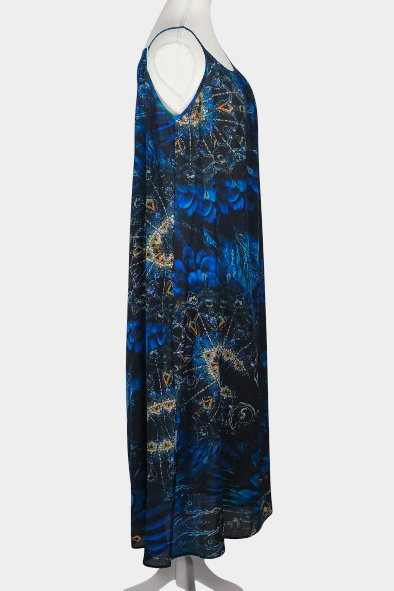 Handmade Mulberry Silk Maxi Dress | Blue Feather & Paisley Print