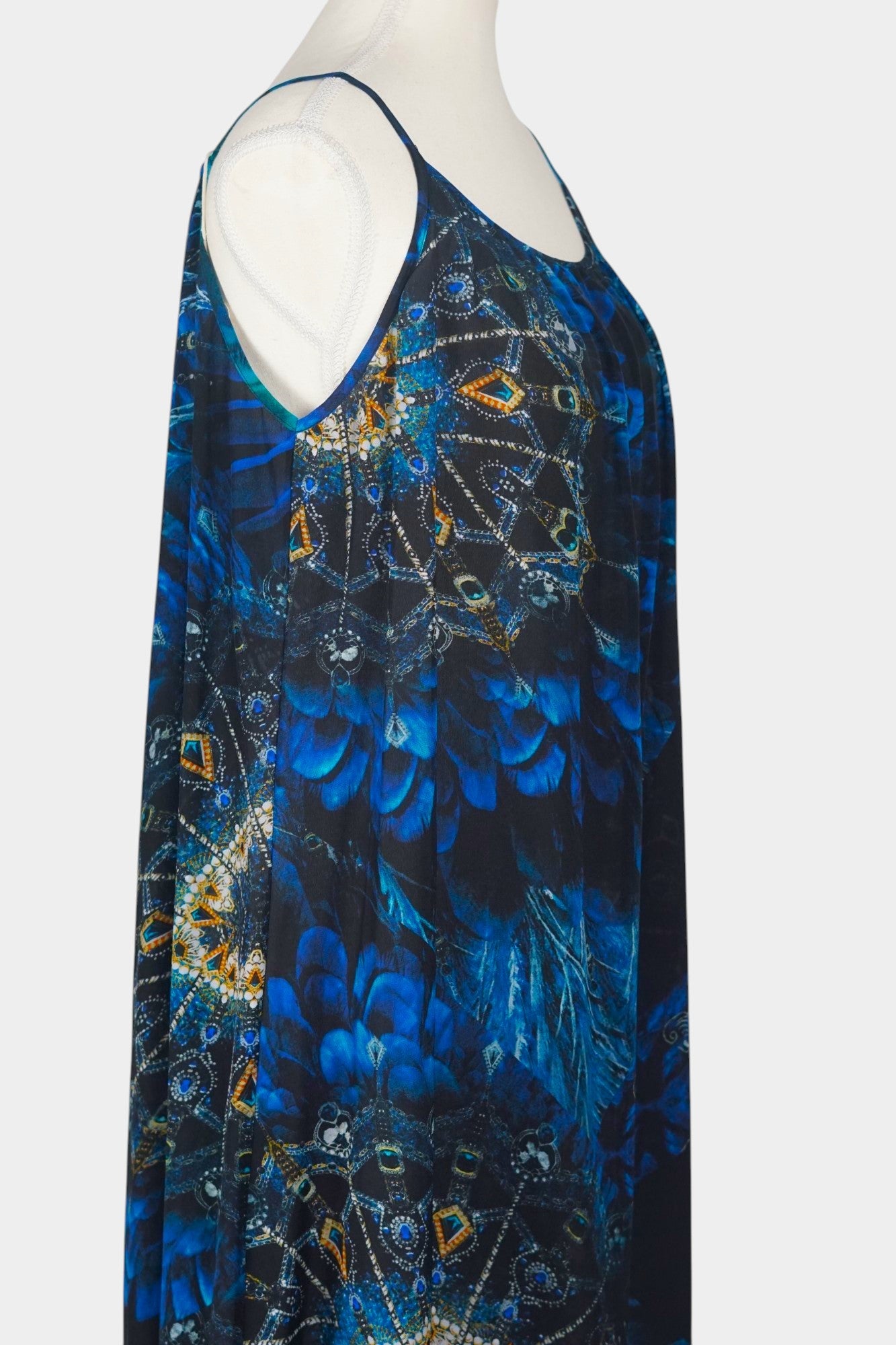 Handmade Mulberry Silk Maxi Dress | Blue Feather & Paisley Print